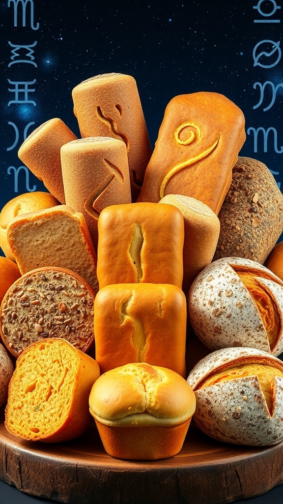 An artistic arrangement of breads symbolizing the zodiac signs, showcasing diverse textures and colors.